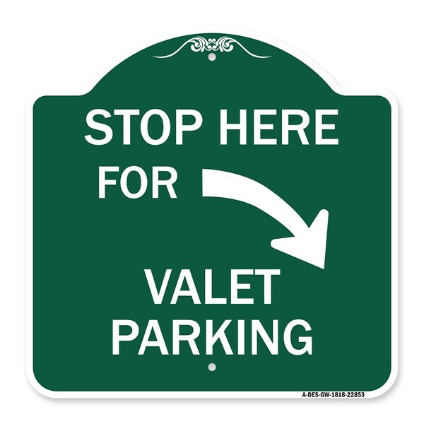 Stop Here for Valet Parking Right Arrow, Green & White Aluminum Sign, 18" x 18", GW-1818-22853
